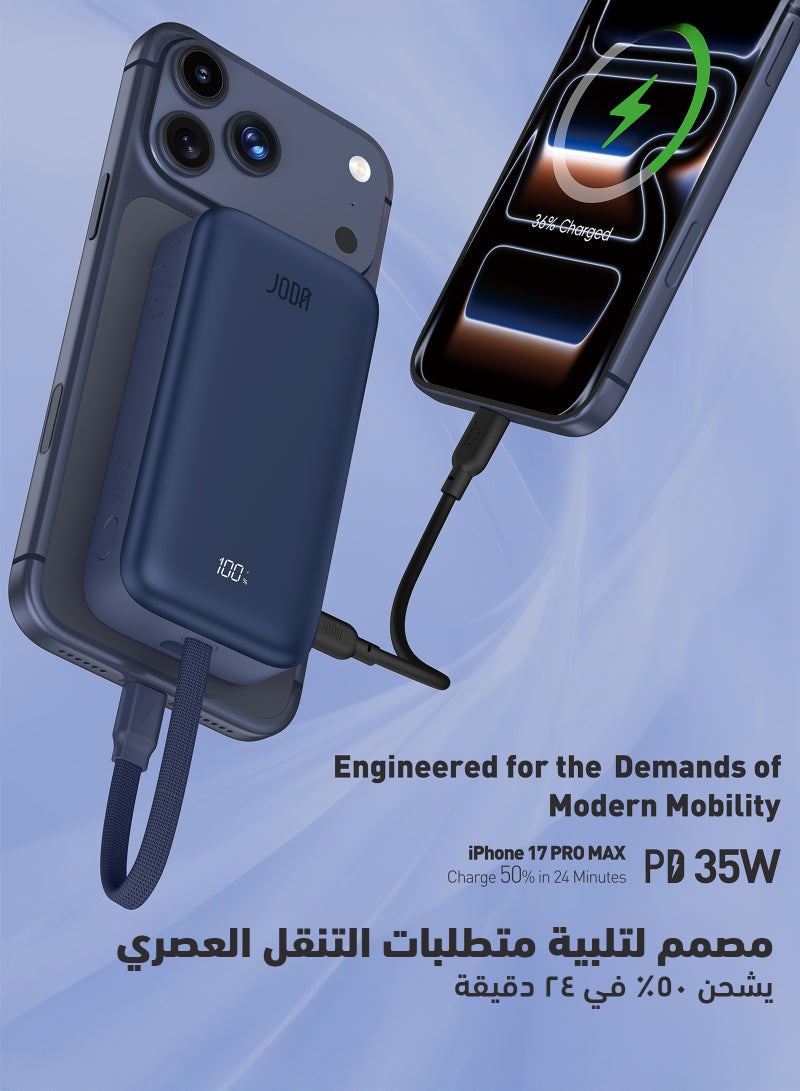 JODA MagTack 10 10000mAh PD 35W Power Bank with Nylon Braided Cable-Titanium Blue - Image 4